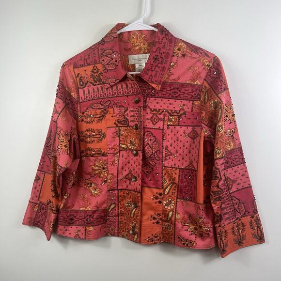 Susan Bristol VTG Petite Med Pink Patchwork Paisley Floral Jacket Sequin Beads - Picture 12 of 12